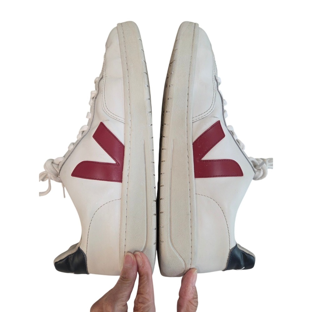 VEJA V 12 Men 11.5 White Leather Sneakers  Marsala Burgundy Nautico Navy EU 46